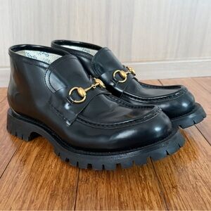 Gucci Horsebit Lug Sole Loafer Boot, Bee Embroidery, Black, Size 9 / EU 42